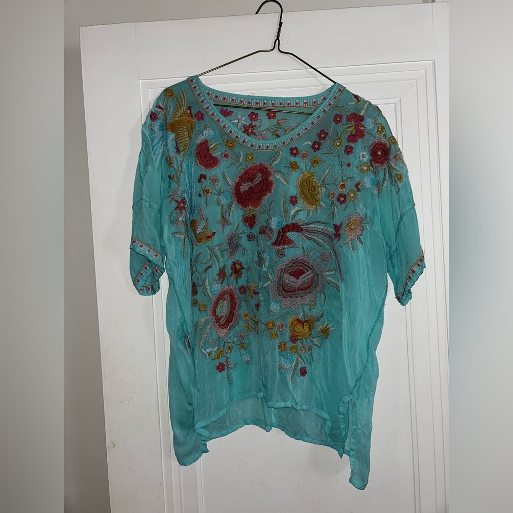 Johnny Was Turquoise Floral Embroidered Blouse